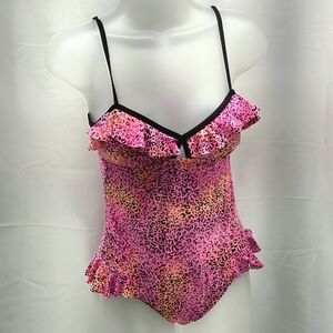 Coco Rave Neon Pink & Orange Leopard Ruffle One Piece Swimsuit XS/S